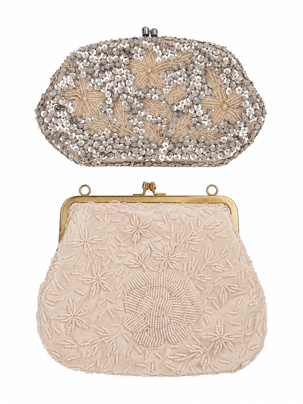 Vintage Lot of 2 Evening Clutch Sequin Beaded Purses Fair Condition Silver Ivory